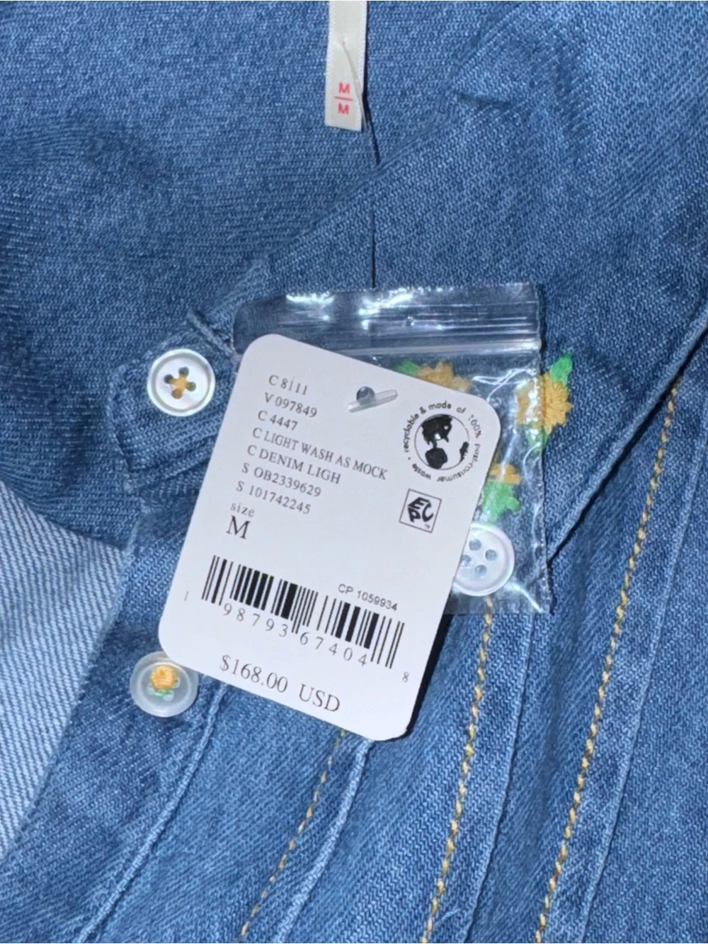 Free People Robin Pintuck Denim Shirt Pleated Ruffle Cuffs Light Wash M NWT